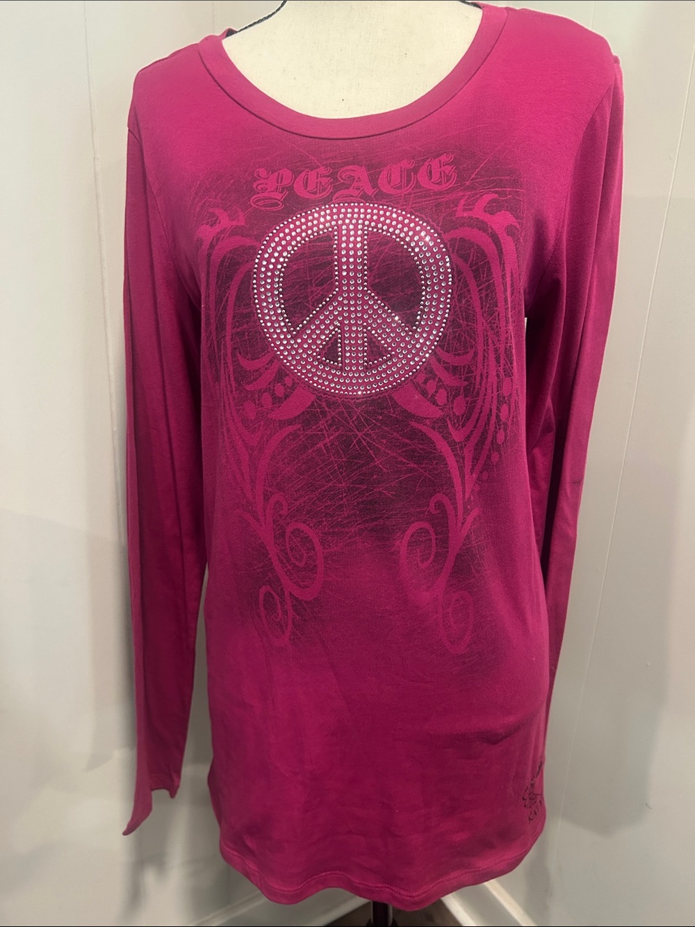 Katydid Hot Pink Long Sleeve Tee with Rhinestone Peace Graphic
